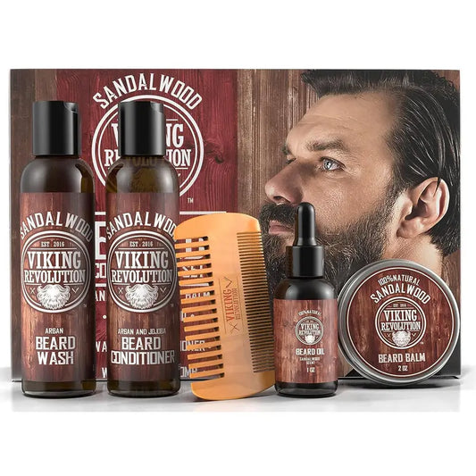 Viking Revolution Ultimate Beard Care Kit For Men - Sandalwood Scented Beard Wash Conditioner Oil Balm Comb - Thickening Nourishing Gift Set